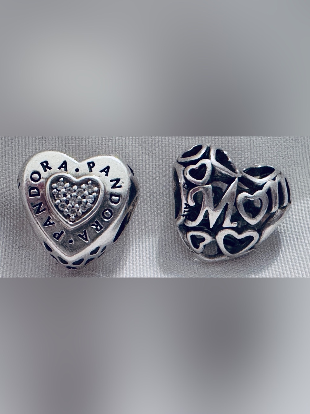Pandora Silver Heart Charm Pair with MOM and Pave Hearts